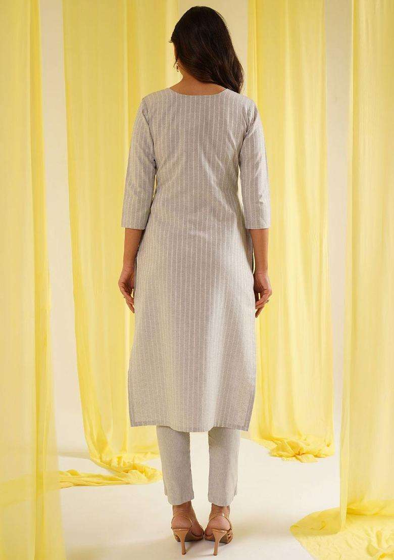 Grey Embroidered Cotton Kurta Set - Indya