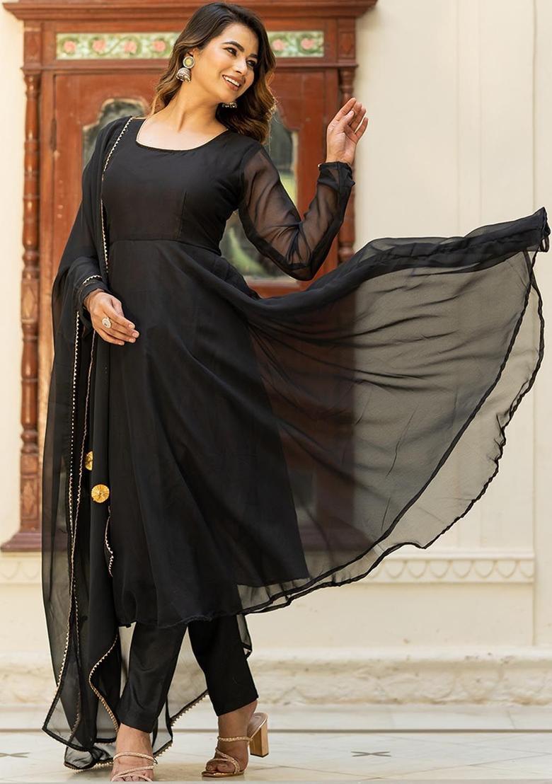 Black Solid Georgette Anarkali Set - Indya