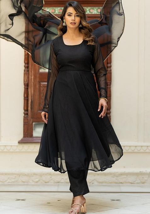 Black Solid Georgette Anarkali Set — view on Indya
