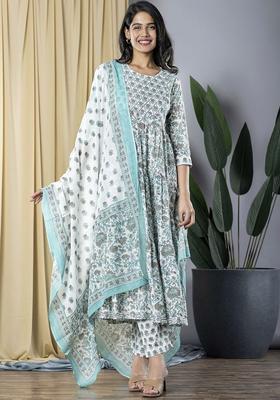 Grey Printed Cotton Anarkali Set