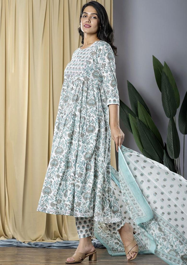 Grey Printed Cotton Anarkali Set - Indya