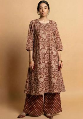 Brown Printed Viscose Kurta Set