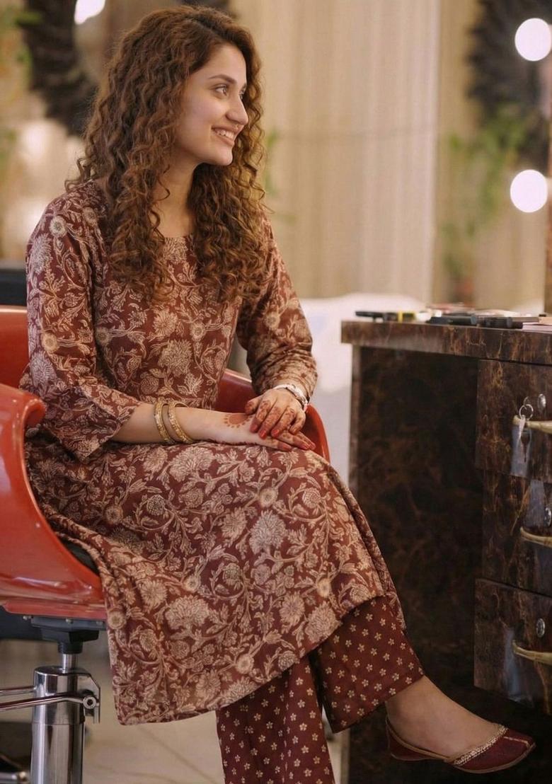 Brown Printed Viscose Kurta Set - Indya
