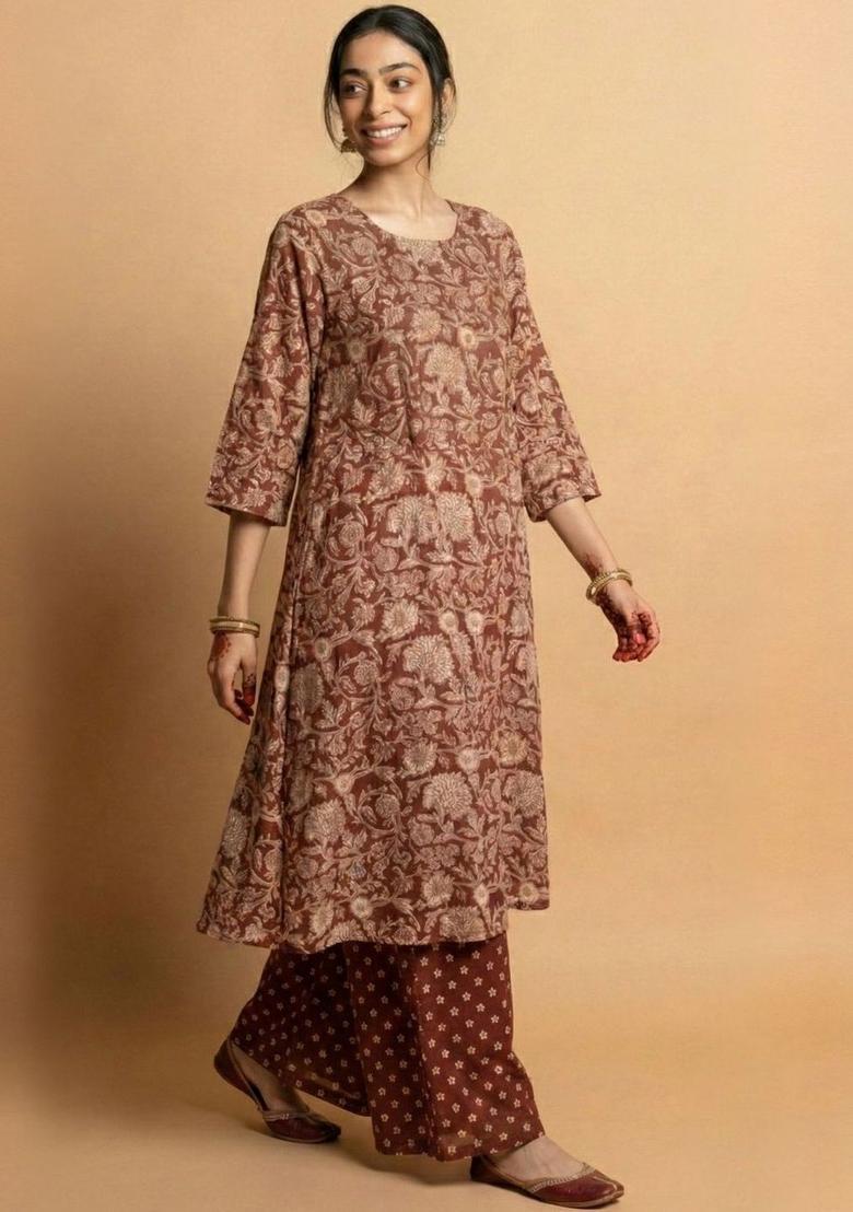 Brown Printed Viscose Kurta Set - Indya