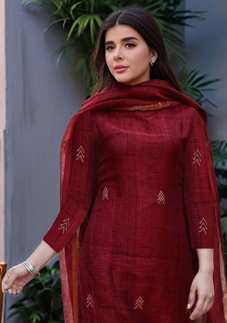 Maroon Printed Viscose Kurta Set - Indya