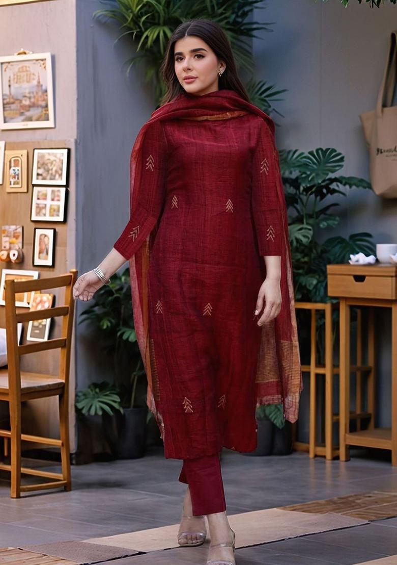 Maroon Printed Viscose Kurta Set - Indya
