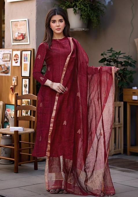 Maroon Printed Viscose Kurta Set
