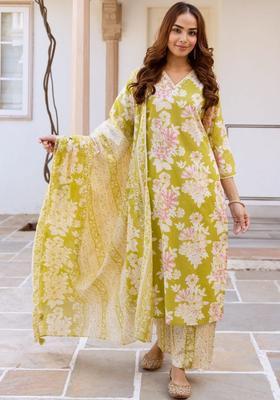 Lime Green Printed Cotton Kurta Set