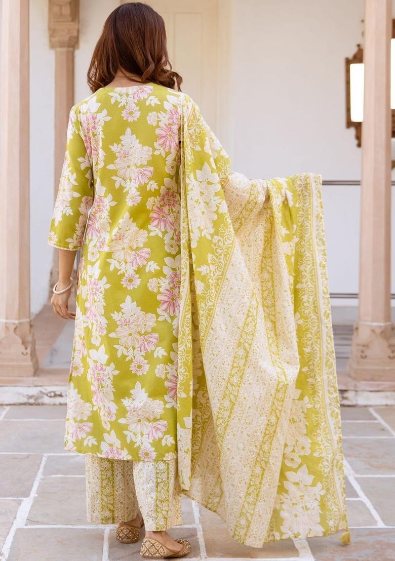 Lime Green Printed Cotton Kurta Set - Indya