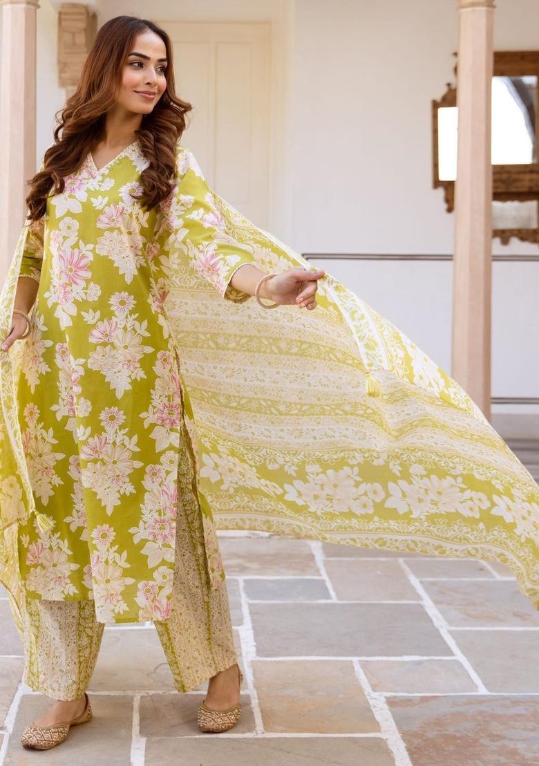 Lime Green Printed Cotton Kurta Set - Indya