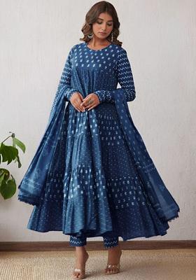 Navy Blue Printed Viscose Anarkali Set