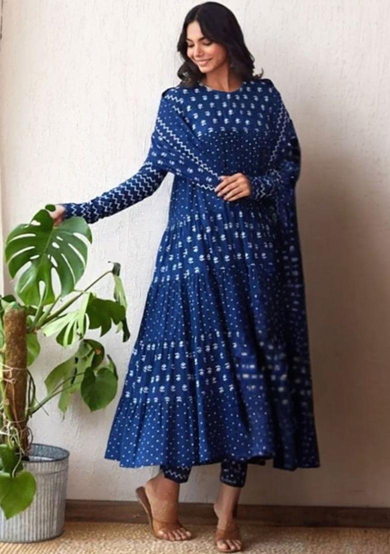 Navy Blue Printed Viscose Anarkali Set - Indya