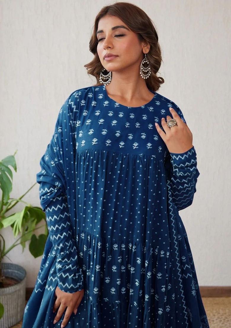 Navy Blue Printed Viscose Anarkali Set - Indya