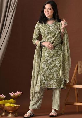 Olive Printed Viscose Kurta Set
