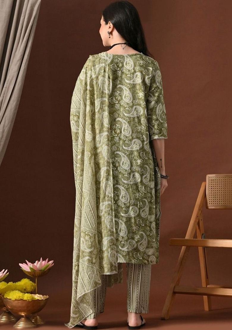 Olive Printed Viscose Kurta Set - Indya