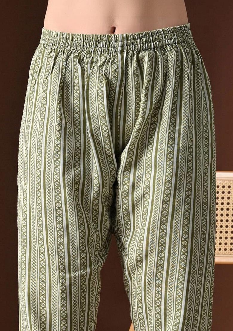 Olive Printed Viscose Kurta Set - Indya