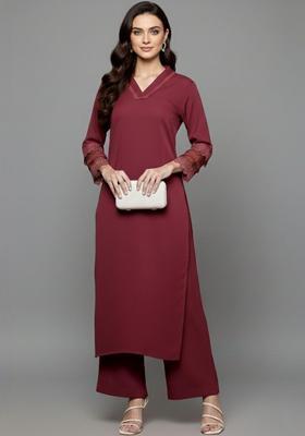 Maroon Solid Silk Kurta Set