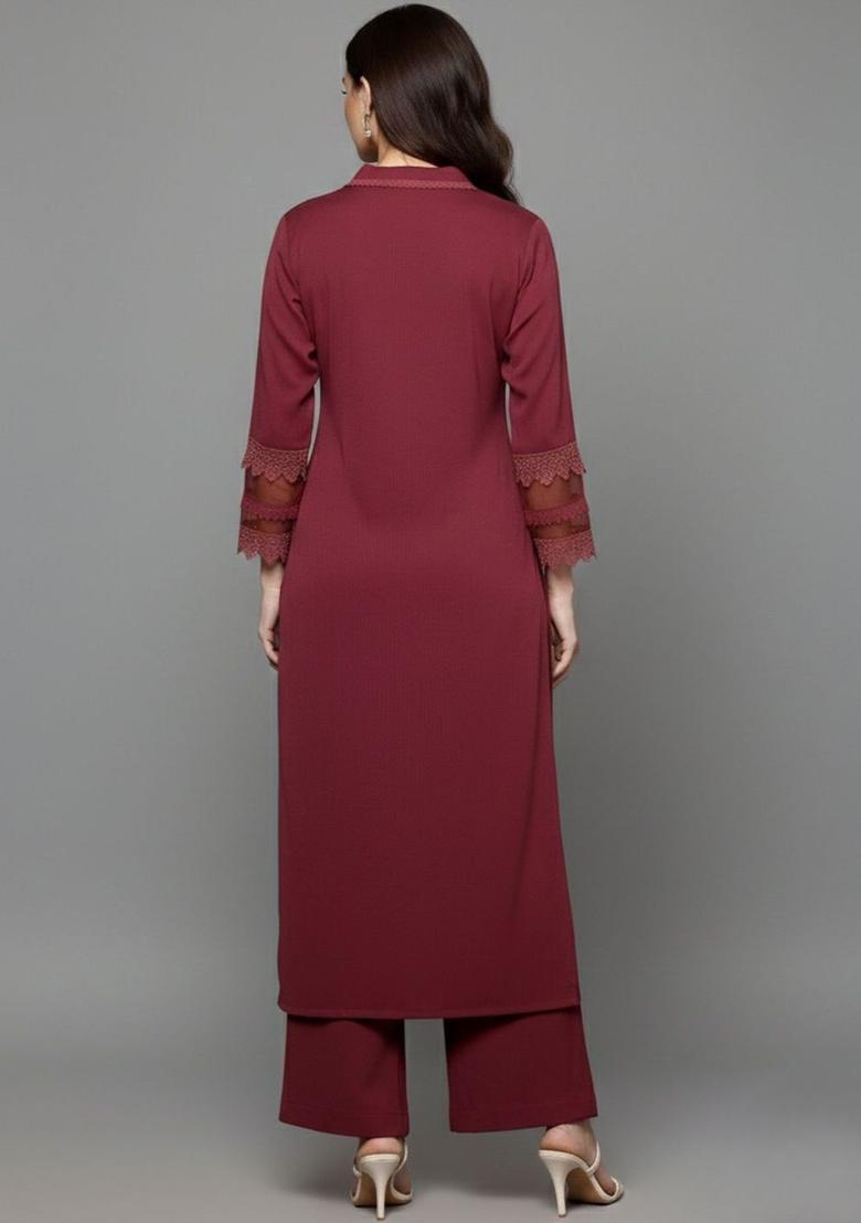 Maroon Solid Silk Kurta Set - Indya