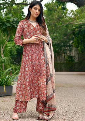 Red Printed Viscose Anarkali Set