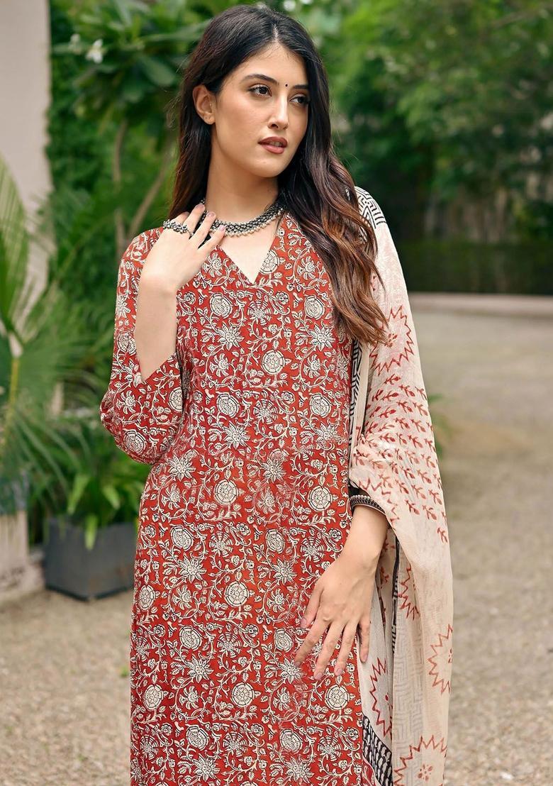 Red Printed Viscose Anarkali Set - Indya