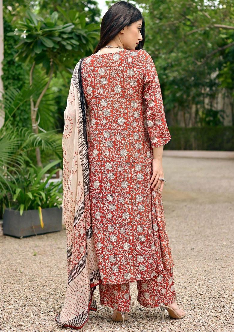 Red Printed Viscose Anarkali Set - Indya