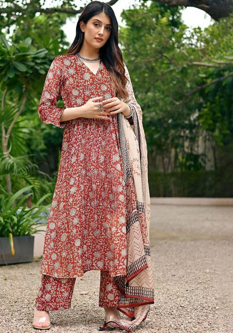 Red Printed Viscose Anarkali Set — view on Indya
