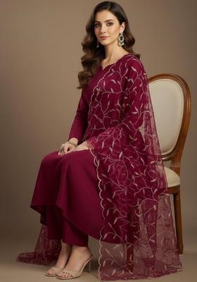 Maroon Solid Silk Kurta Set