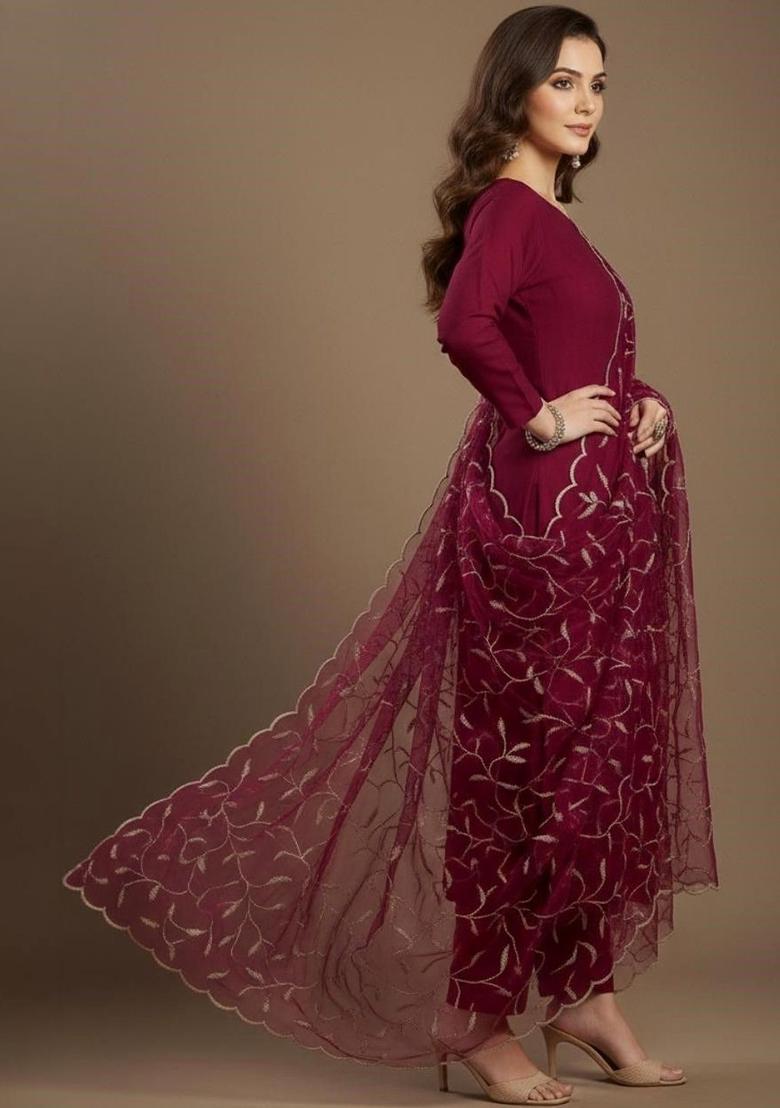 Maroon Solid Silk Kurta Set - Indya