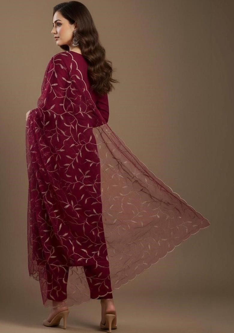 Maroon Solid Silk Kurta Set - Indya