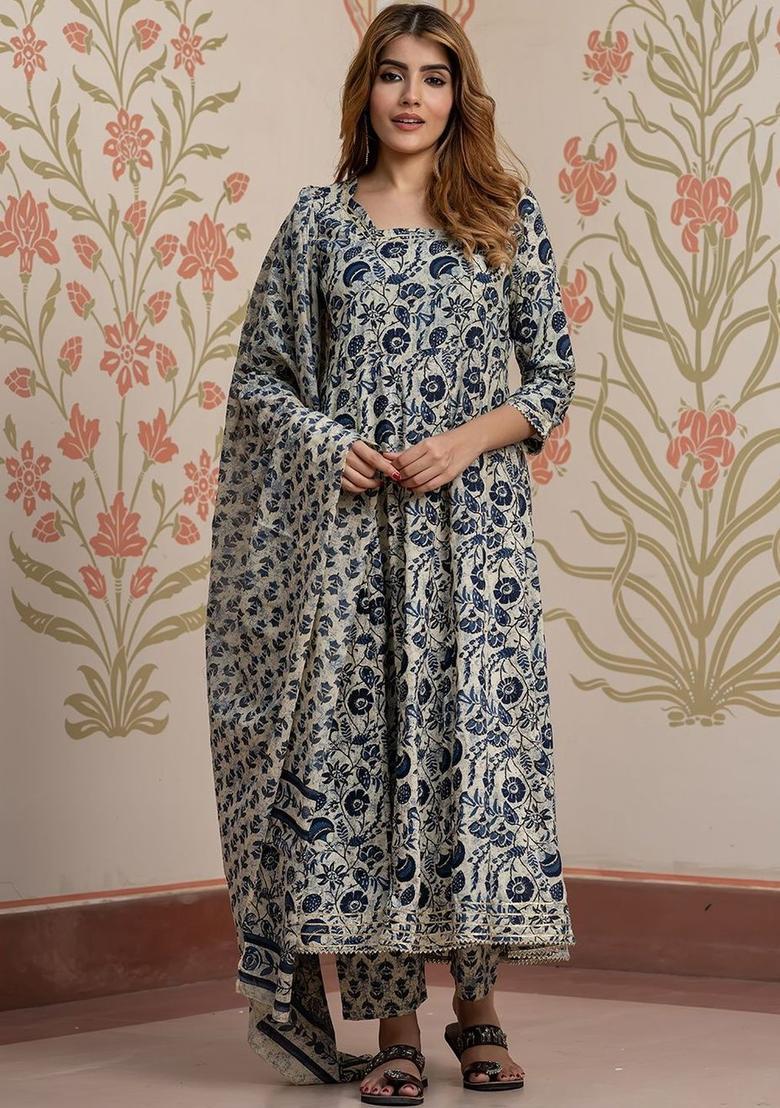 Cream Printed Cotton Kurta Set - Indya