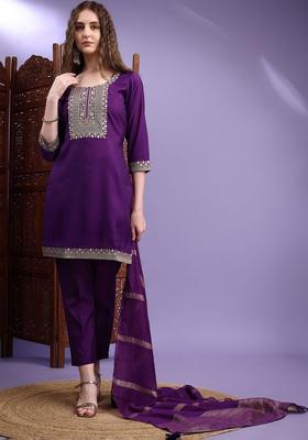 Violet Embroidered Silk Blend Kurta Set