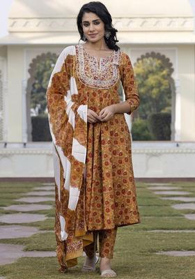 Mustard Printed Cotton Anarkali Set