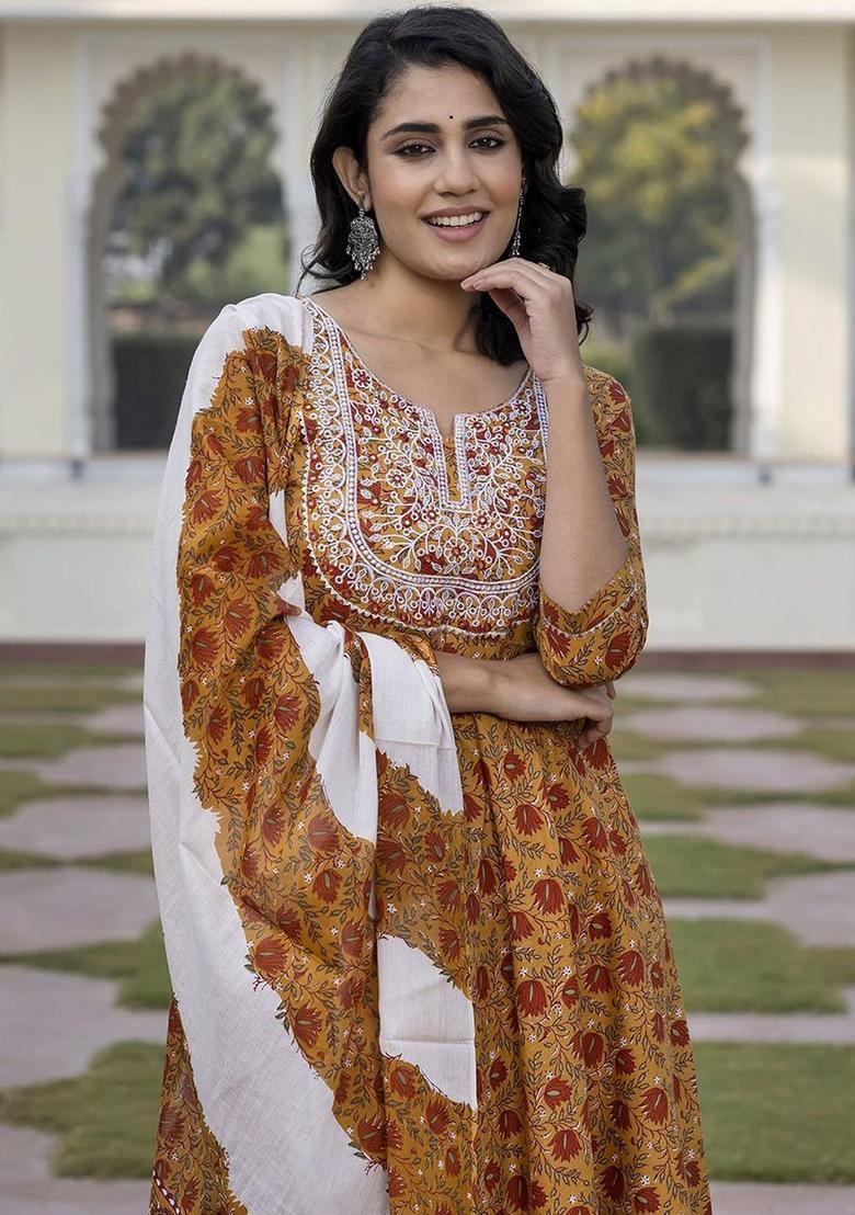 Mustard Printed Cotton Anarkali Set - Indya