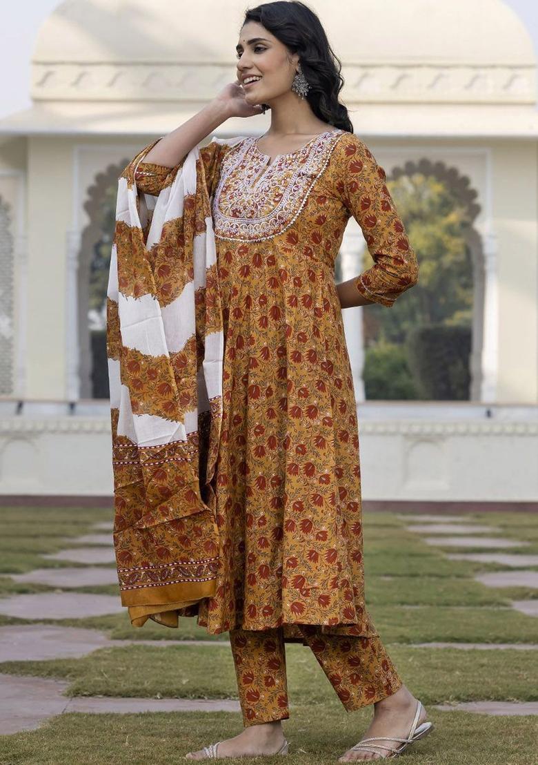 Mustard Printed Cotton Anarkali Set - Indya