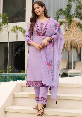 Lavender Embroidered Viscose Kurta Set
