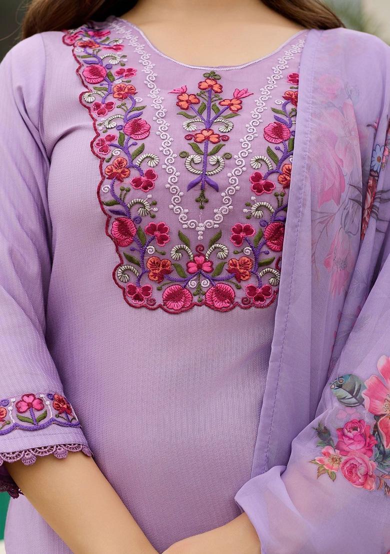 Lavender Embroidered Viscose Kurta Set - Indya