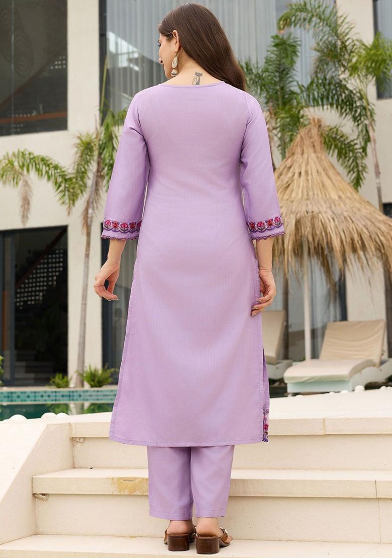 Lavender Embroidered Viscose Kurta Set - Indya