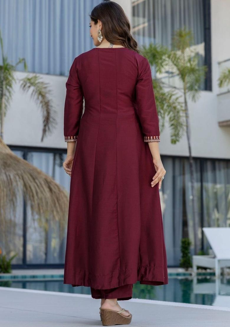 Maroon Embroidered Chinon Kurta Set - Indya