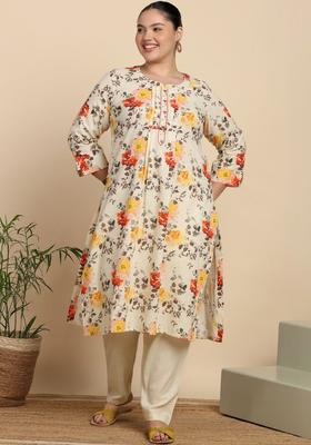 Off White Printed Cotton Kurta Set