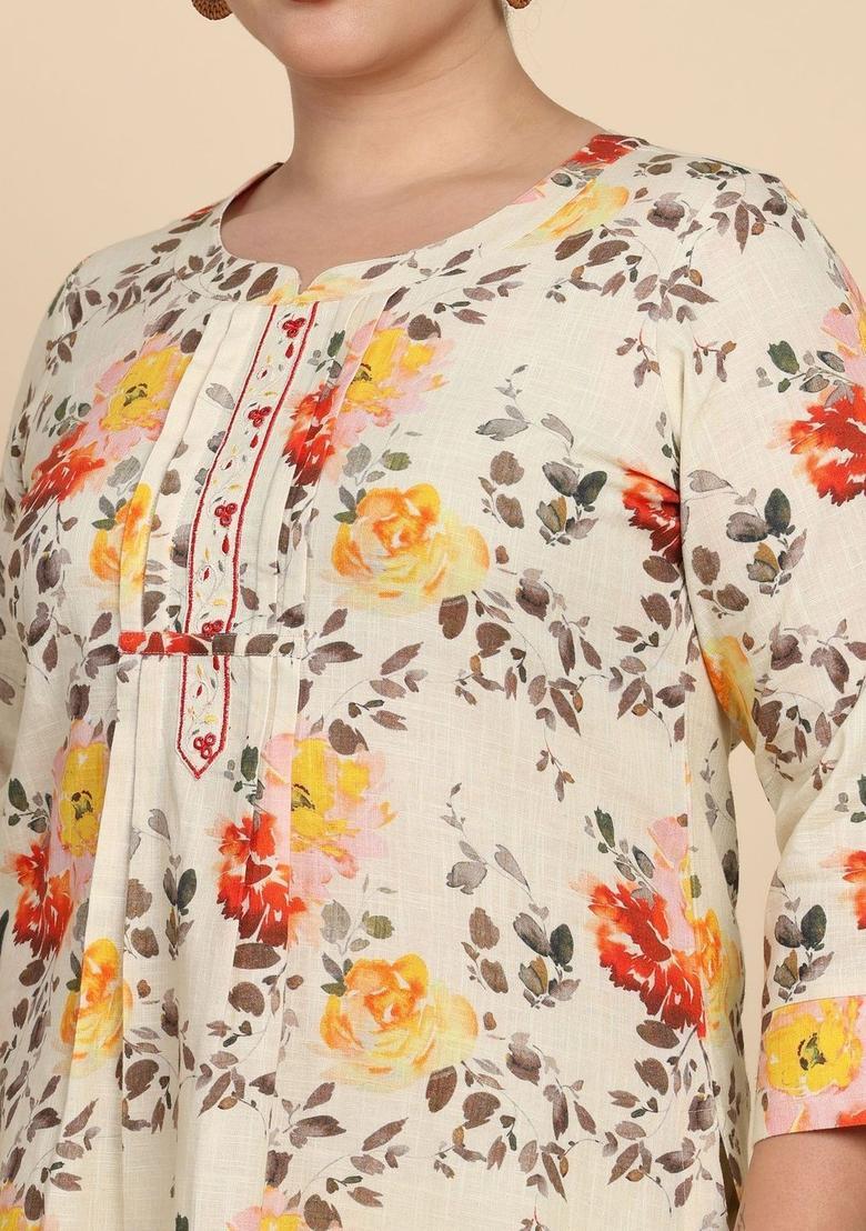 Off White Printed Cotton Kurta Set - Indya
