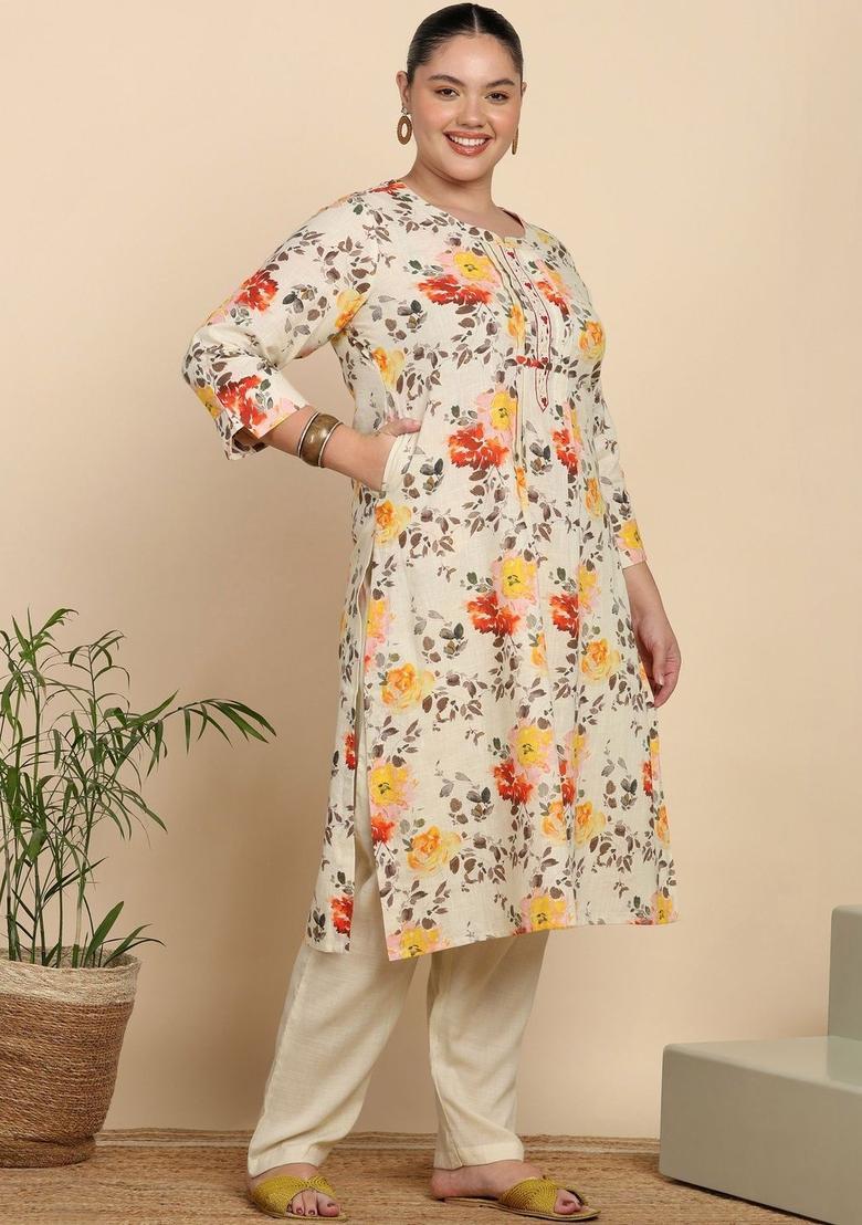 Off White Printed Cotton Kurta Set - Indya