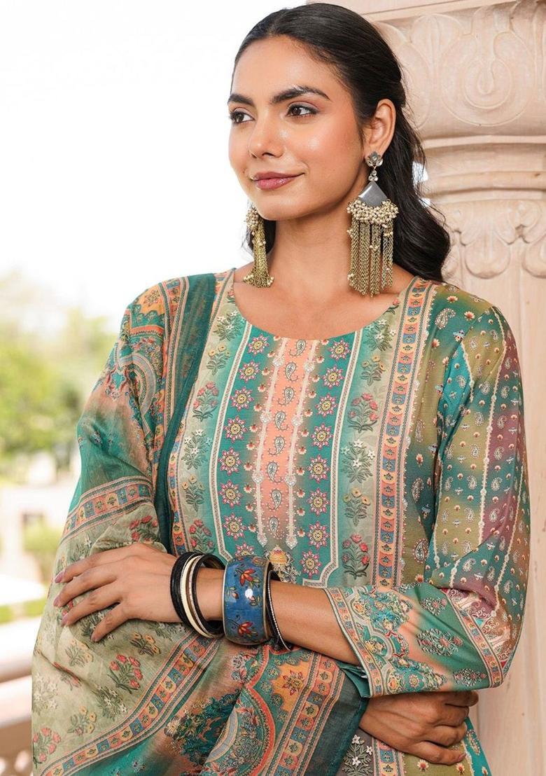 Green Printed Polyester Kurta Set - Indya