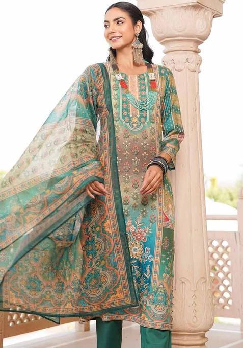 Green Printed Polyester Kurta Set — view on Indya
