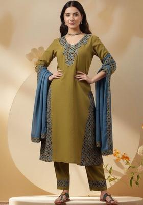 Olive Embroidered Cotton Kurta Set