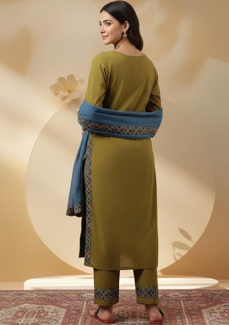 Olive Embroidered Cotton Kurta Set - Indya