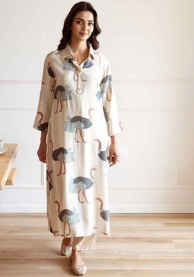 Beige Printed Viscose Kurta Set