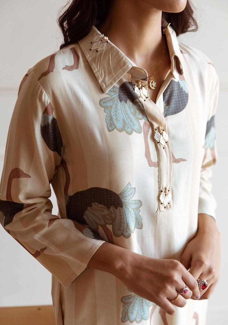 Beige Printed Viscose Kurta Set - Indya