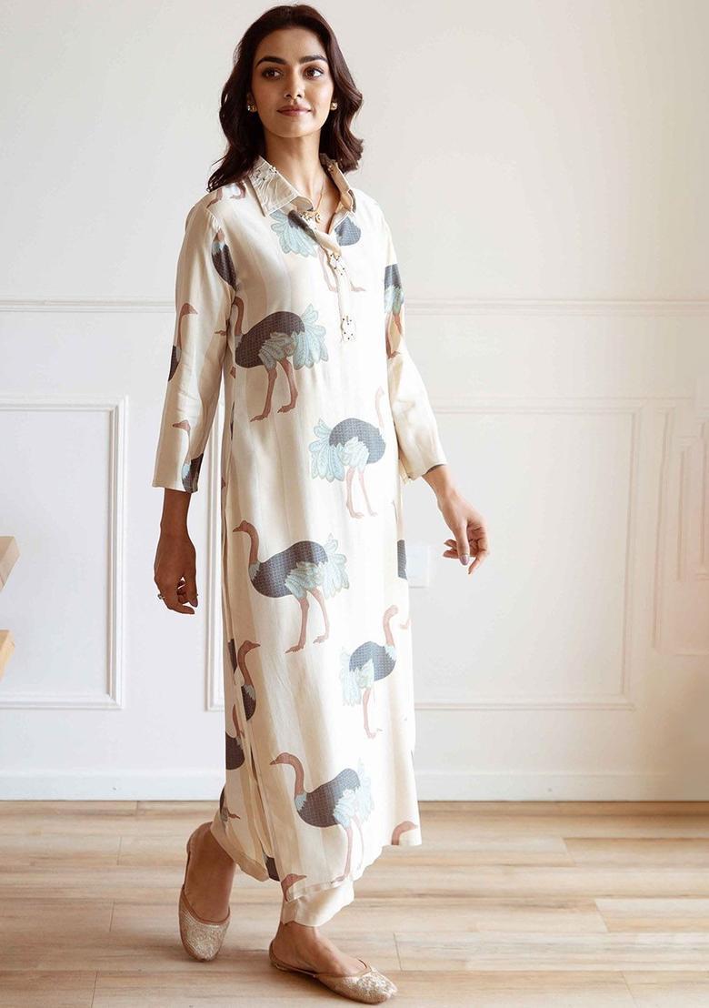 Beige Printed Viscose Kurta Set - Indya