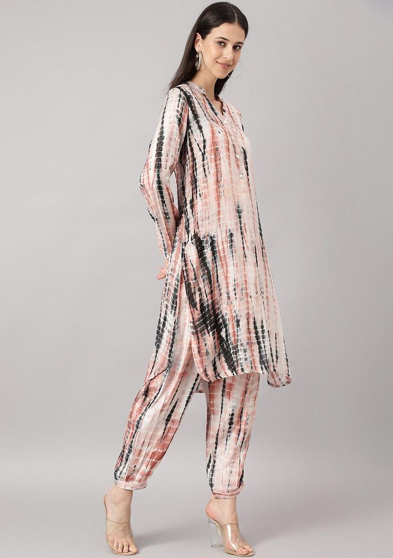 Cream Printed Silk Kurta Set - Indya