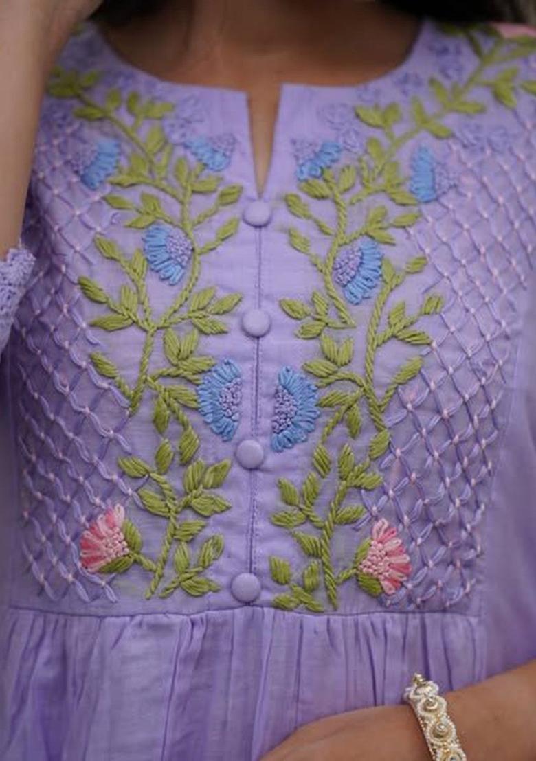 Lavender Embroidered Georgette Kurta Set - Indya